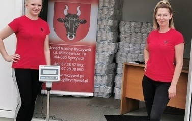 Pracownice Urzędu Gminy w Ryczywole w czerwonych koszulkach z logiem Gminy na tle papieru toaletowego