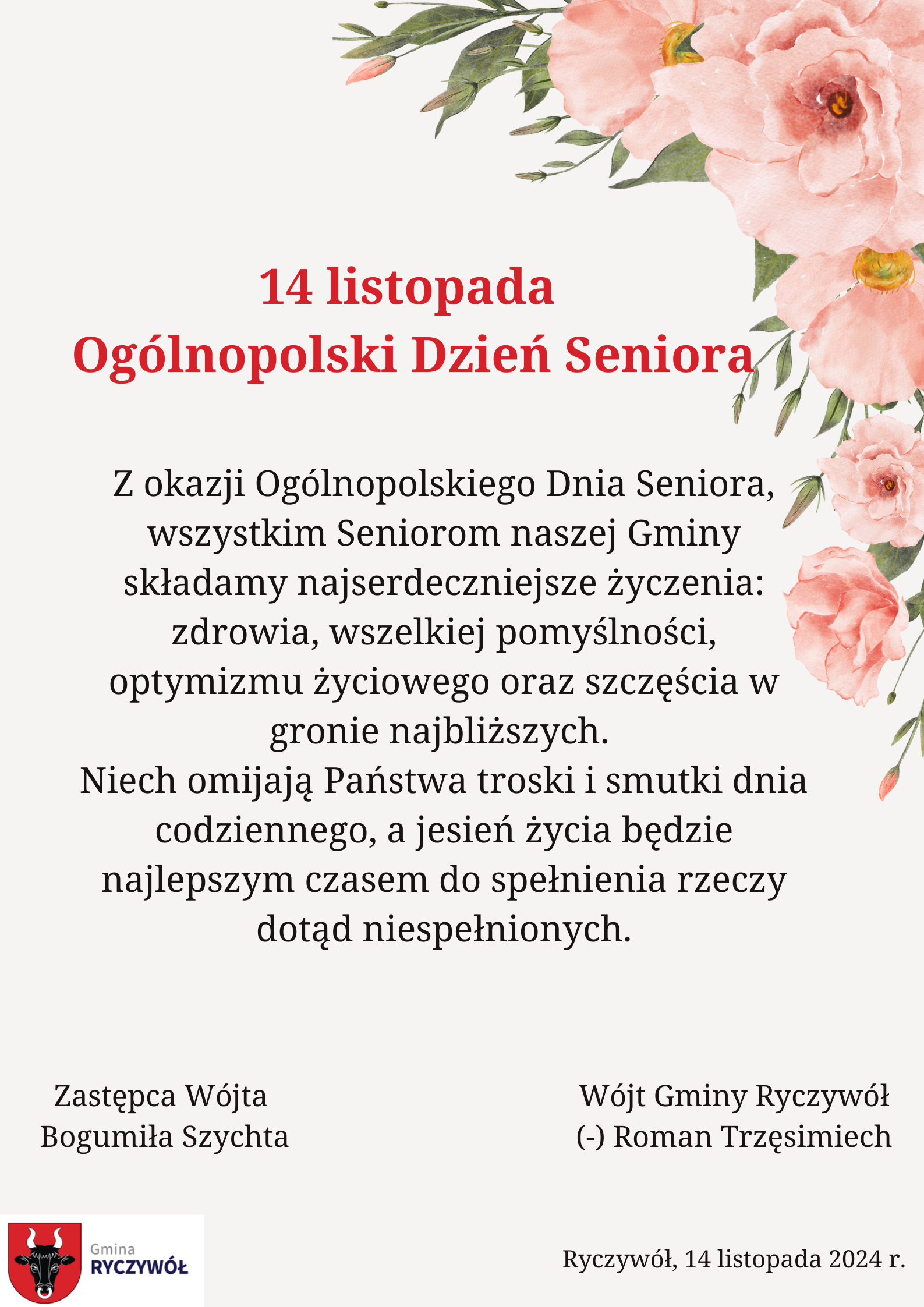 na biało szarym tle życzenia od W&oacute;jta Gminy Ryczyw&oacute;ł i&nbsp;Zastępcy W&oacute;jta z&nbsp;okazji Og&oacute;lnopolskiego Dnia Seniora