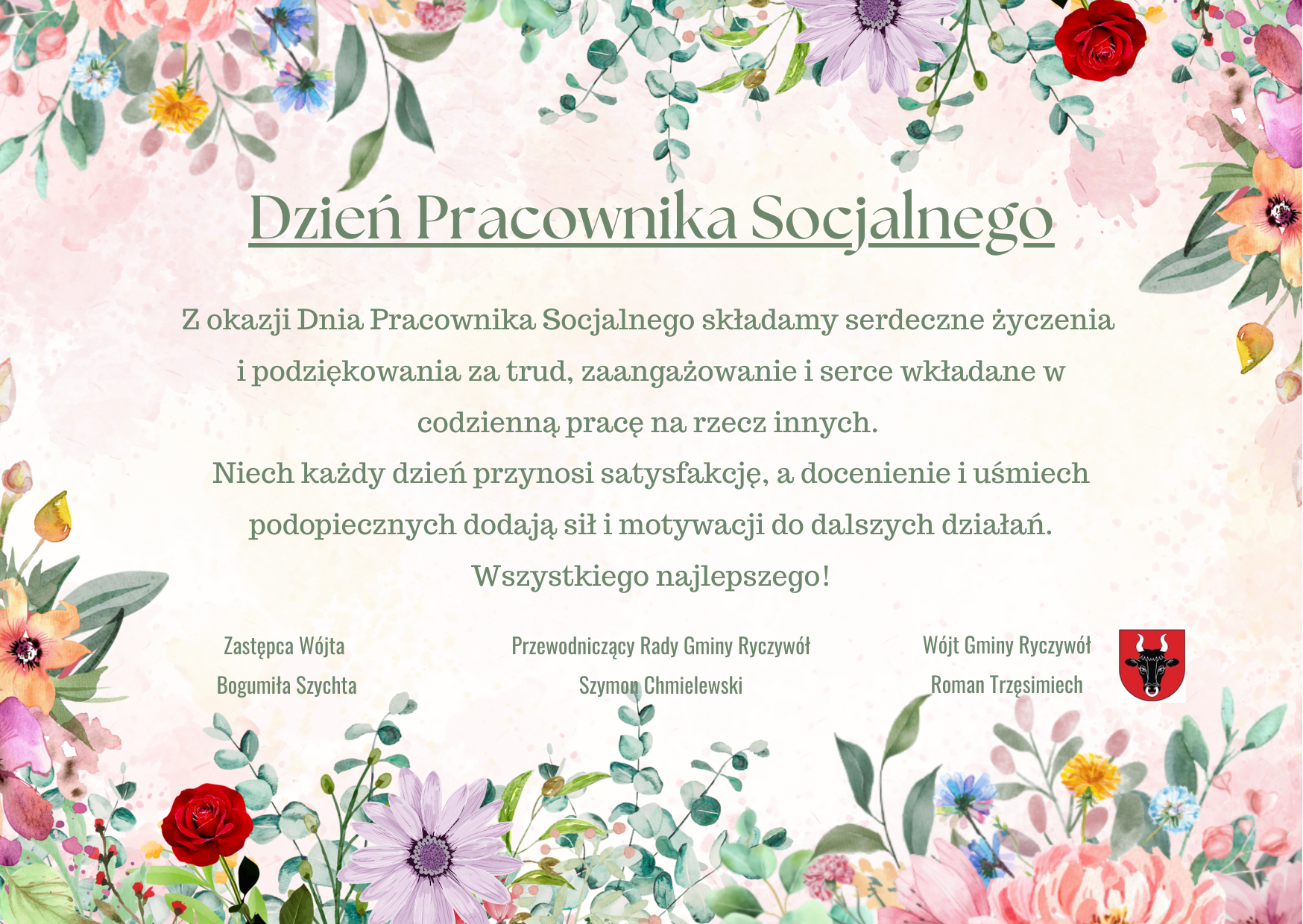 na kolorowym tle z&nbsp;kwiatami życzenia od W&oacute;jta Gminy Ryczyw&oacute;l z&nbsp;okazji Dnia Pracownika Socjalnego