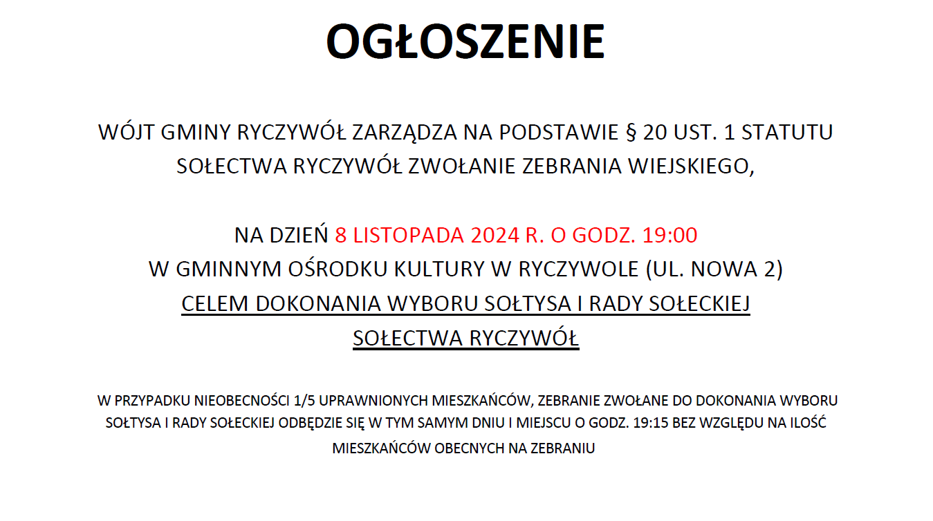 na białym tle ogłoszenie o&nbsp;zebraniu wiejskim w&nbsp;celu wyboru nowego sołtysa Sołectwa Ryczyw&oacute;ł