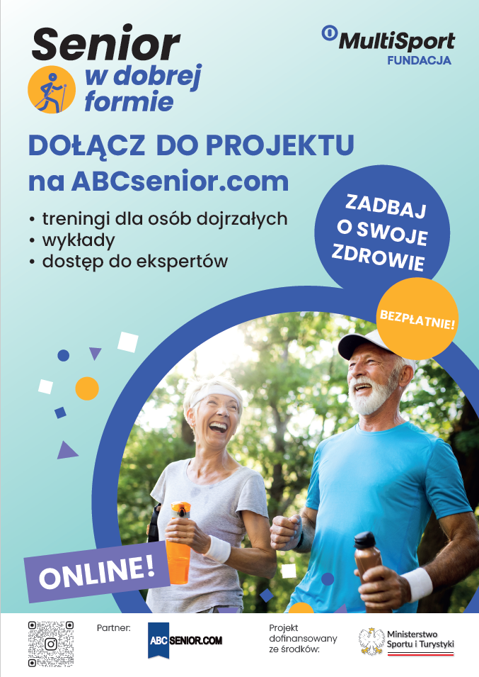 zdjęcie przedstawia parę senior&oacute;w podczas aktywności na&nbsp;niebieskim tle napisy 