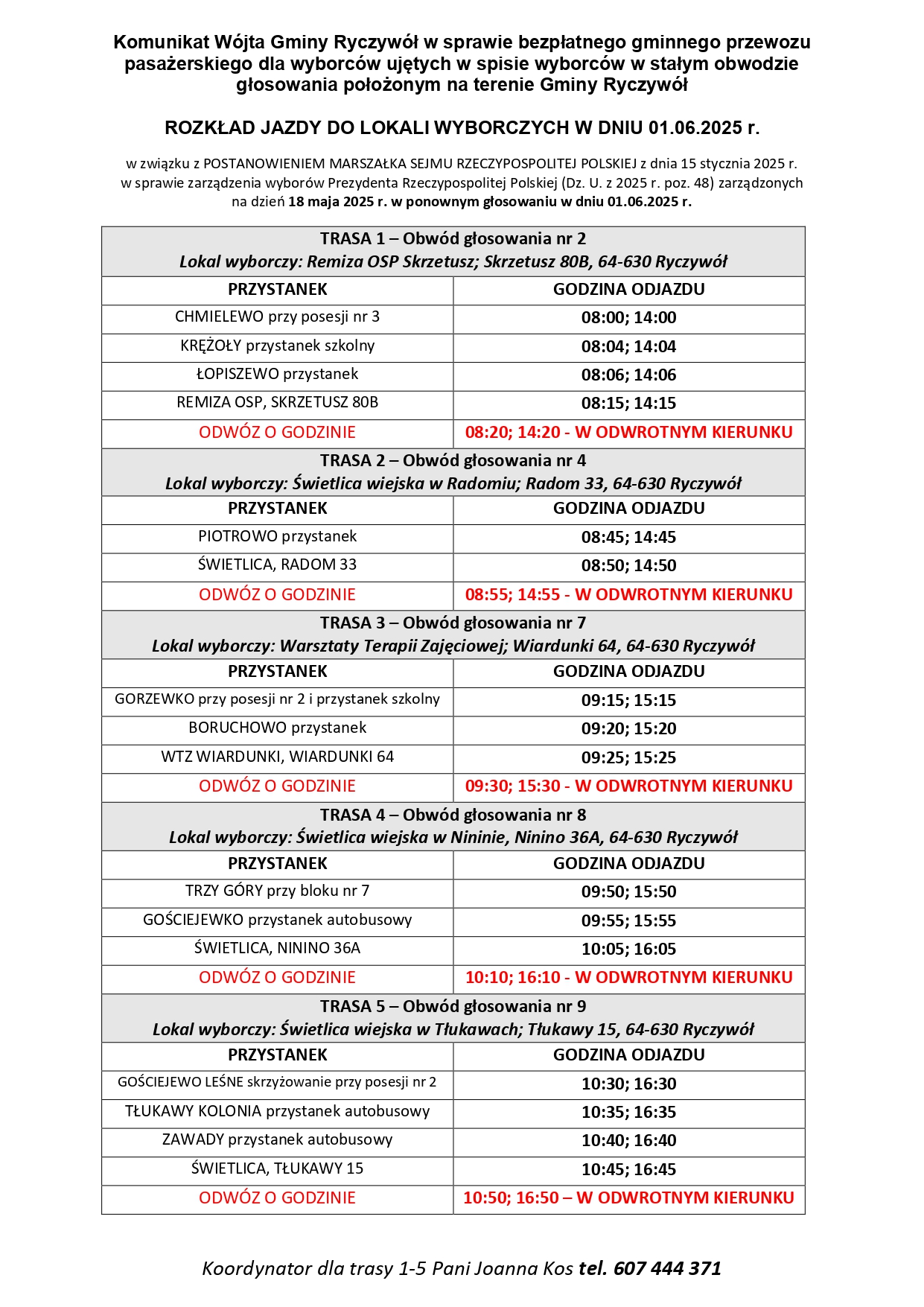 ROZKŁAD JAZDY DO LOKALI WYBORCZYCH W DNIU 01.06.2025