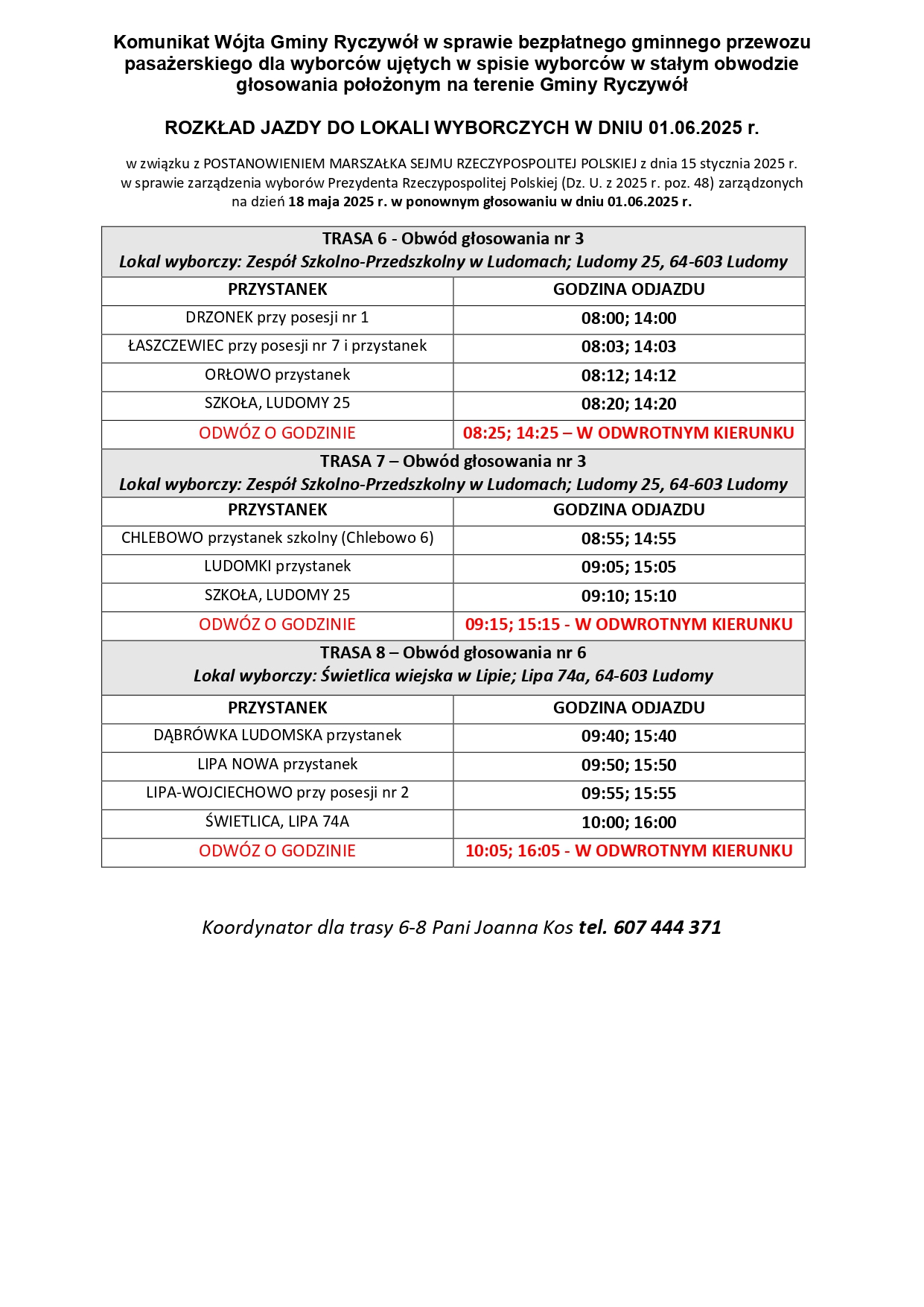 ROZKŁAD JAZDY DO LOKALI WYBORCZYCH W DNIU 01.06.2025