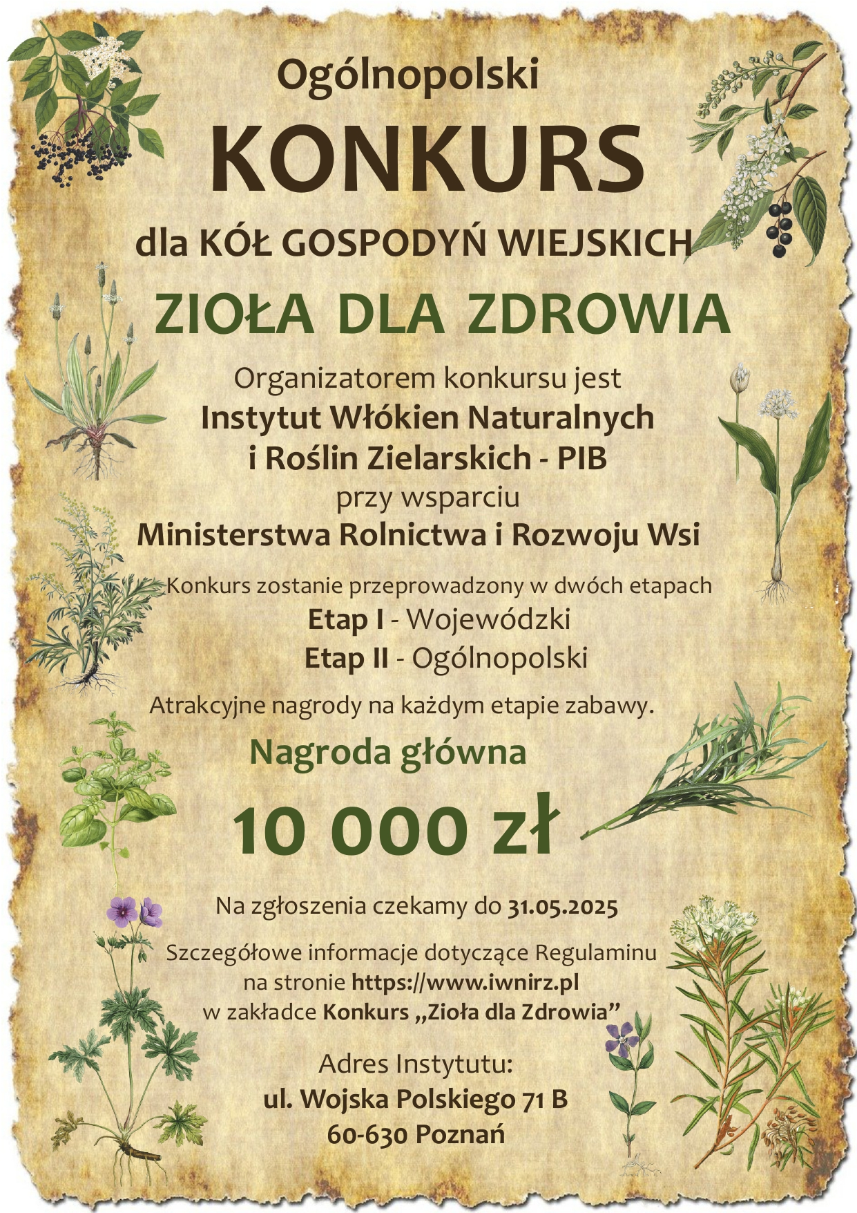 Na jasnym tle informacja o&nbsp;og&oacute;lnopolskim konkursie dla K&oacute;ł Gospodyń Wiejskich Zioła dla Zdrowia  