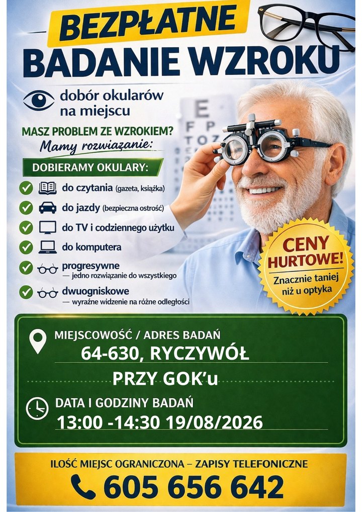 Plakat informujący o&nbsp;bezpłatnym badaniu wzroku 