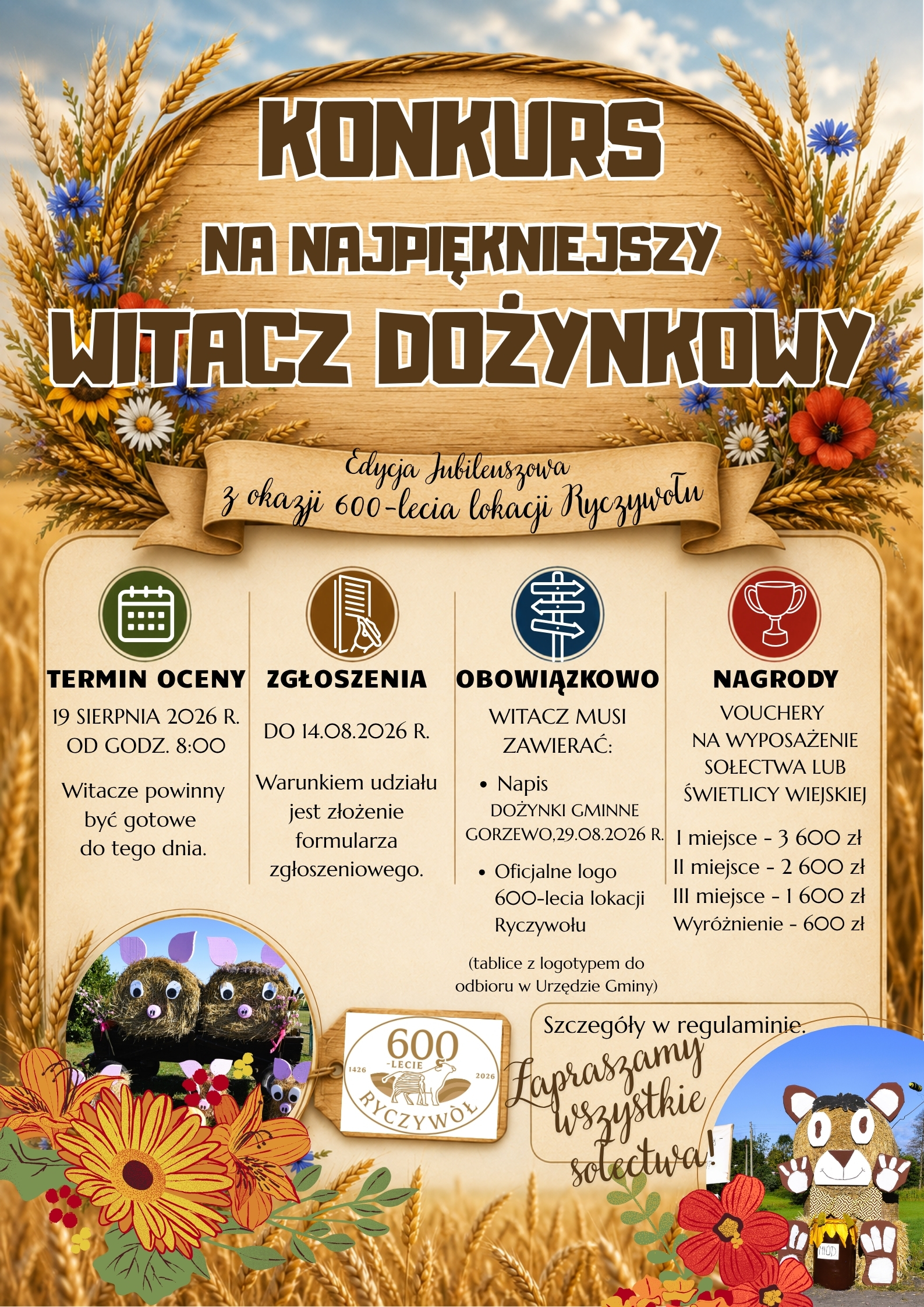 Kolorowy plakat - Konkurs na&nbsp;najpiękniejszy witacz dożynkowy 