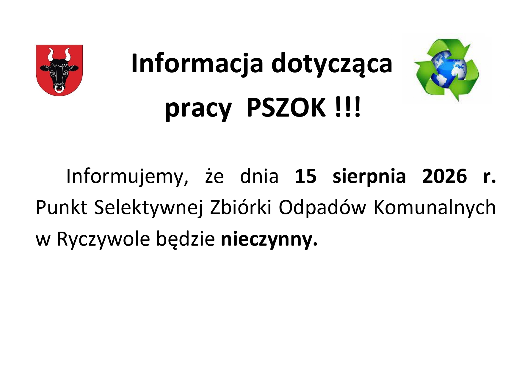 Informacja dotycząca pracy PSZOK