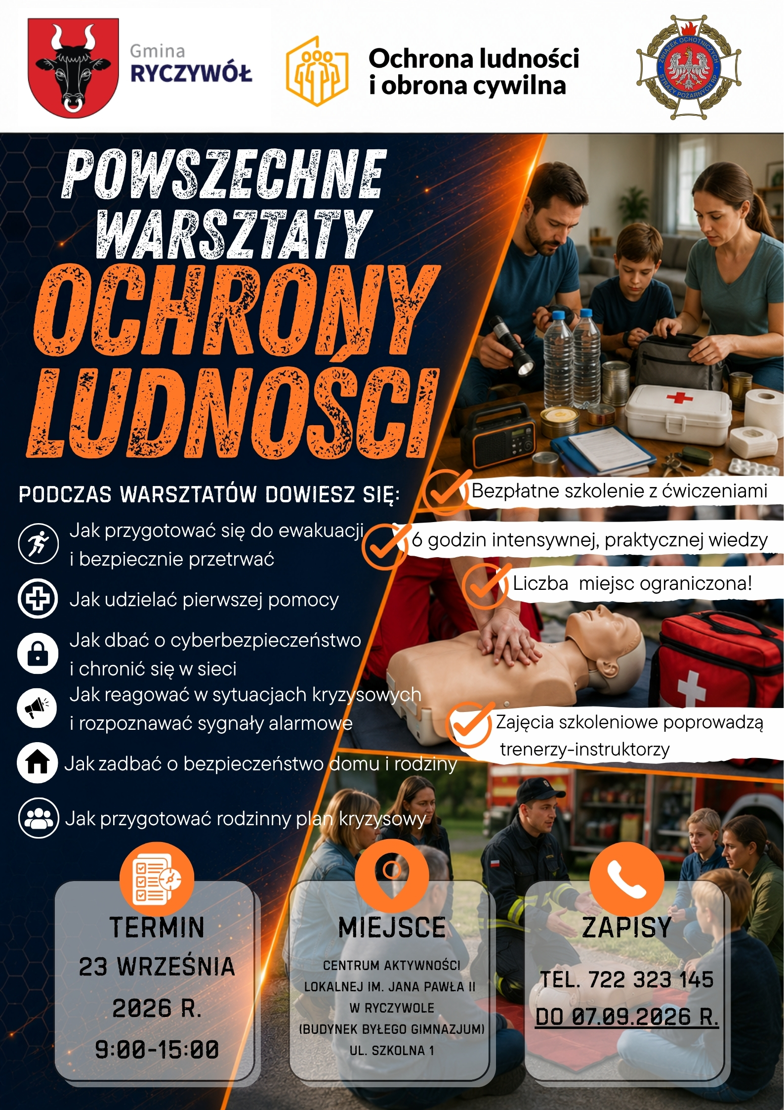 Plakat zapraszający mieszkańc&oacute;w na&nbsp;powszechne warsztaty ochrony ludności 