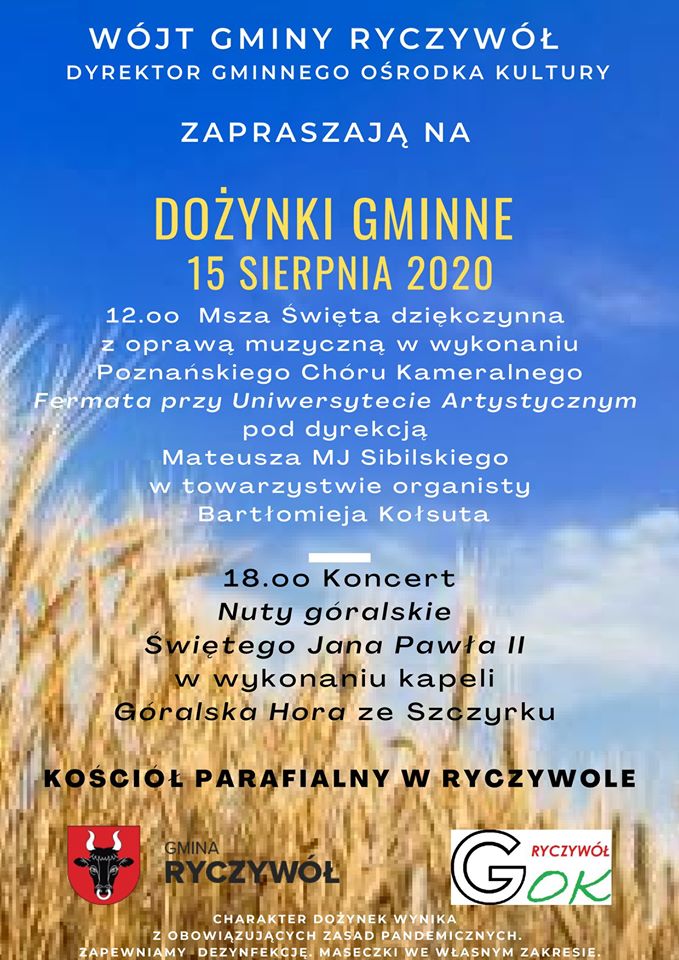 plakat informacyjny o dozynkach gminnych. które maja się odbyć 15 sierpnia 2020 roku. (kłosy zboża na tle nieba)