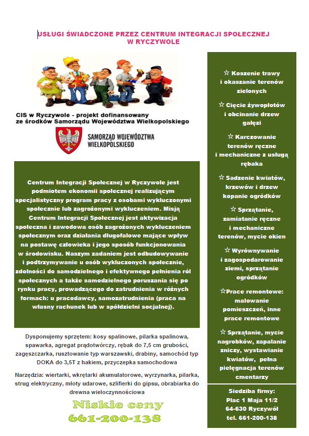 Plakat reklamujący Centrum Informacji Społecznej w Ryczywole. Na plakacie znajdują się informacje czym jest CIS, jakimi narzędziami dysponuje oraz jakie prace wykonują uczestnicy projektu