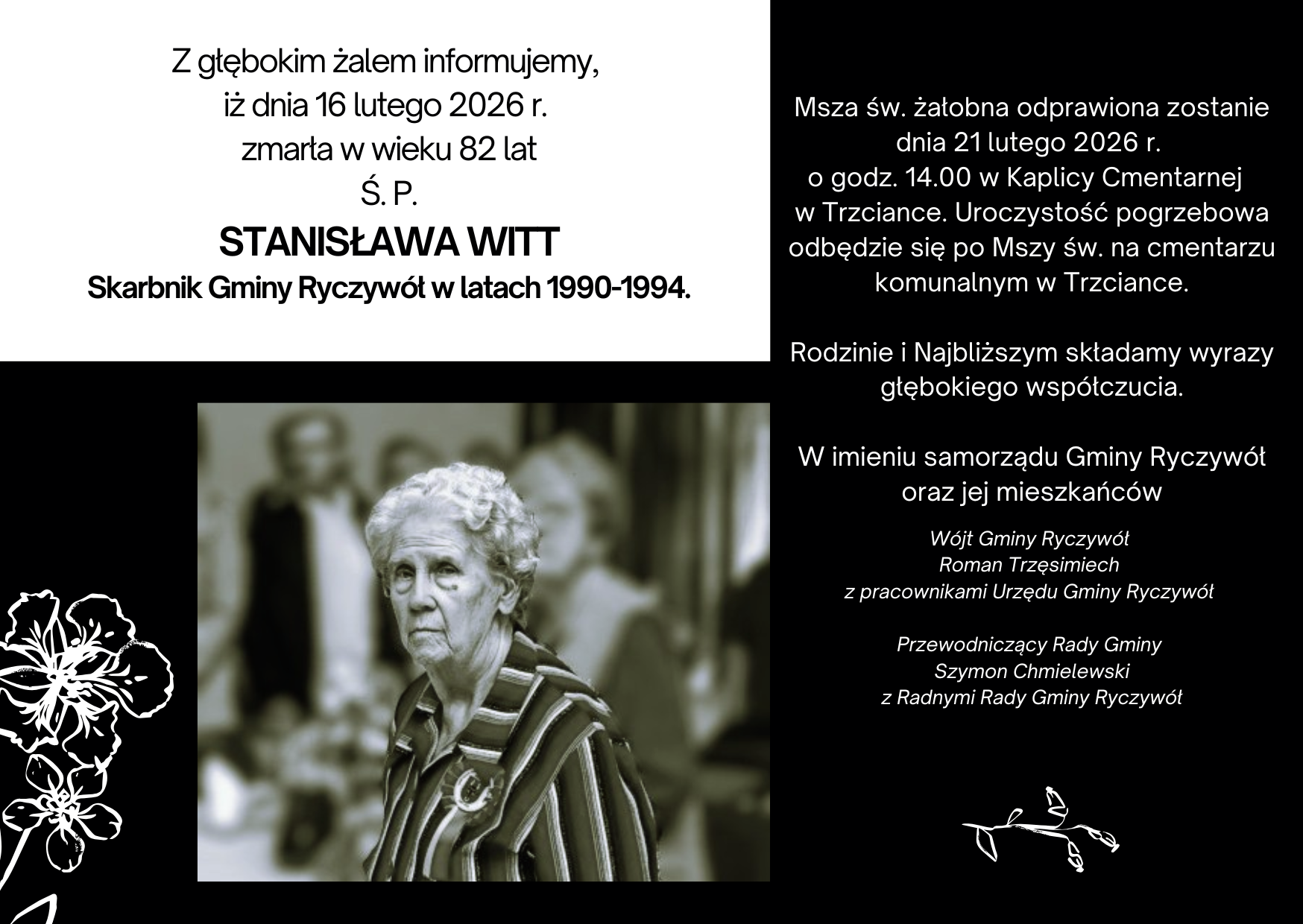 Klepsydra pogrzebowa, informująca o&nbsp;śmierci Skarbnika Gminy w&nbsp;latach 1990-1994