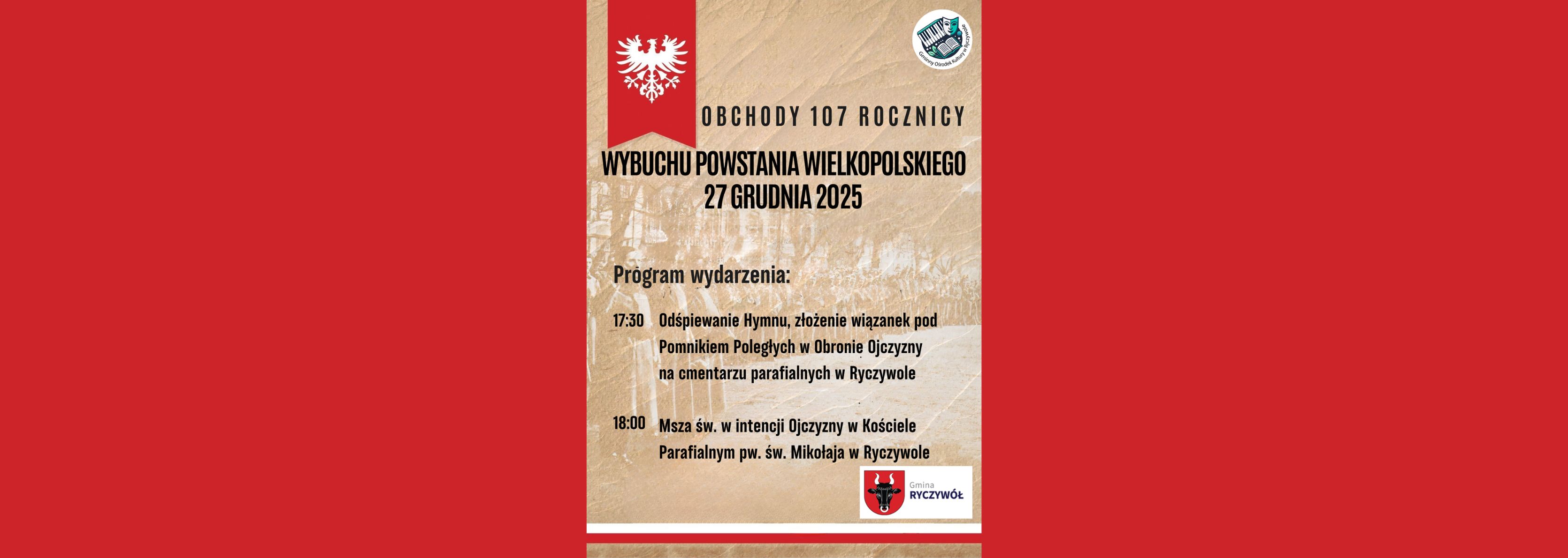 Zapraszamy do udziału w&nbsp;uroczystym upamiętnieniu 107. rocznicy wybuchu Powstania Wielkopolskiego