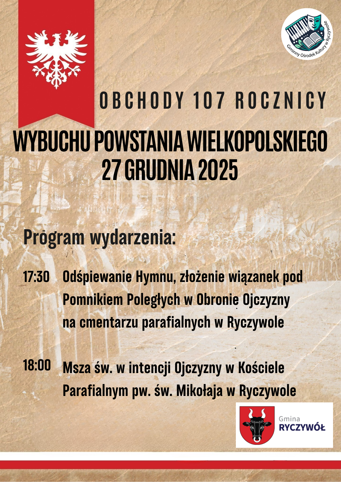 Zapraszamy do udziału w&nbsp;uroczystym upamiętnieniu 107. rocznicy wybuchu Powstania Wielkopolskiego