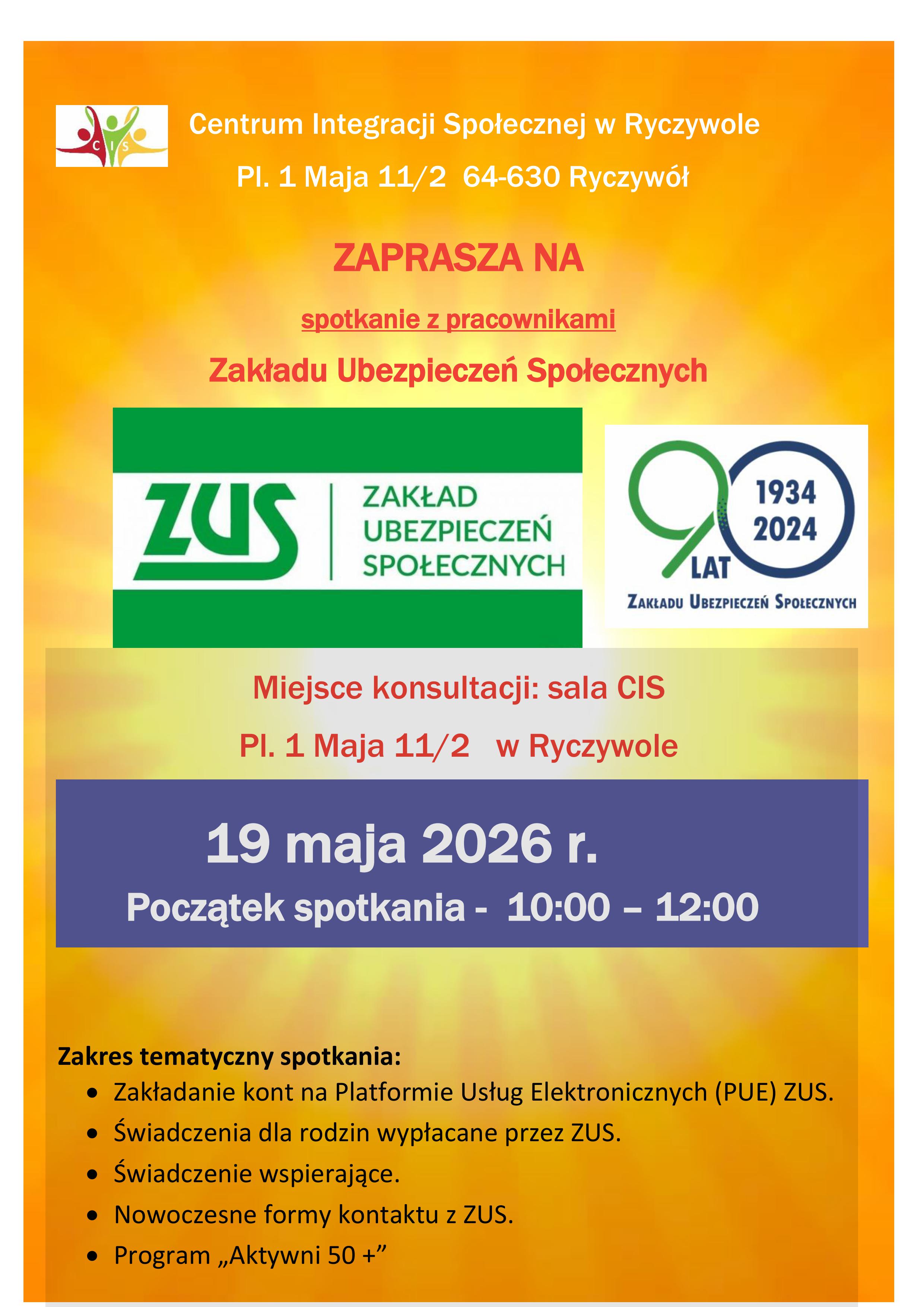 Spotkanie z&nbsp;pracownikami ZUS w&nbsp;Centrum Integracji Społecznej w&nbsp;Ryczywole- plakat