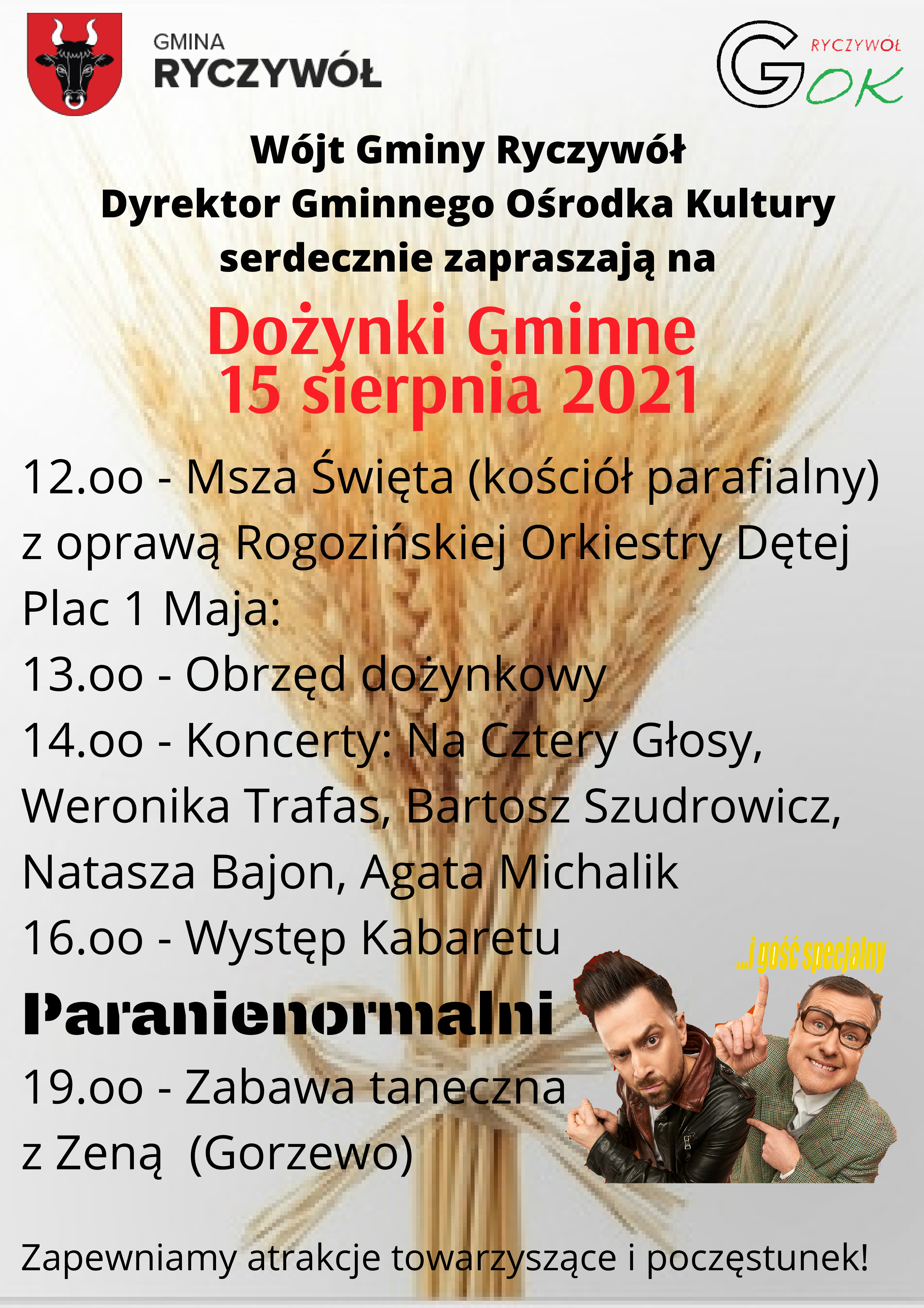 Plakat zapraszający na&nbsp;dozynki gminne które odbędą sie 15 sierpnia 2021 