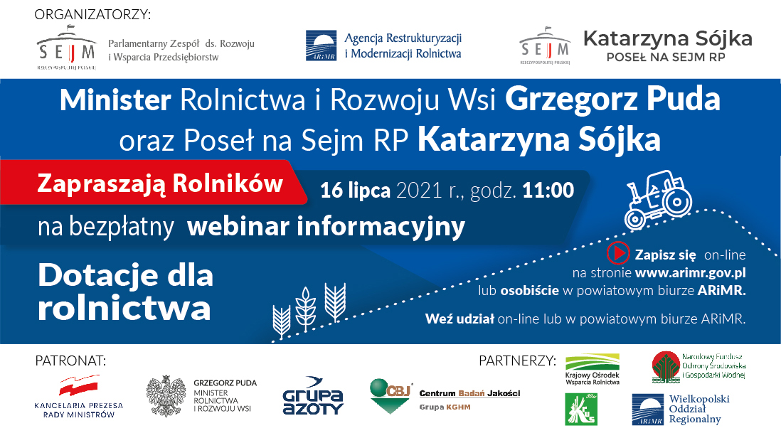 Plakat zapraszający rolników na&nbsp;bezpłatne webinarium informacyjne na&nbsp;temat dotacji dla rolnictwa