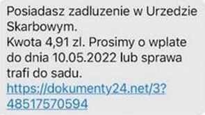 Przykład fałszywego SMS-a z Urzedu Skarbowego