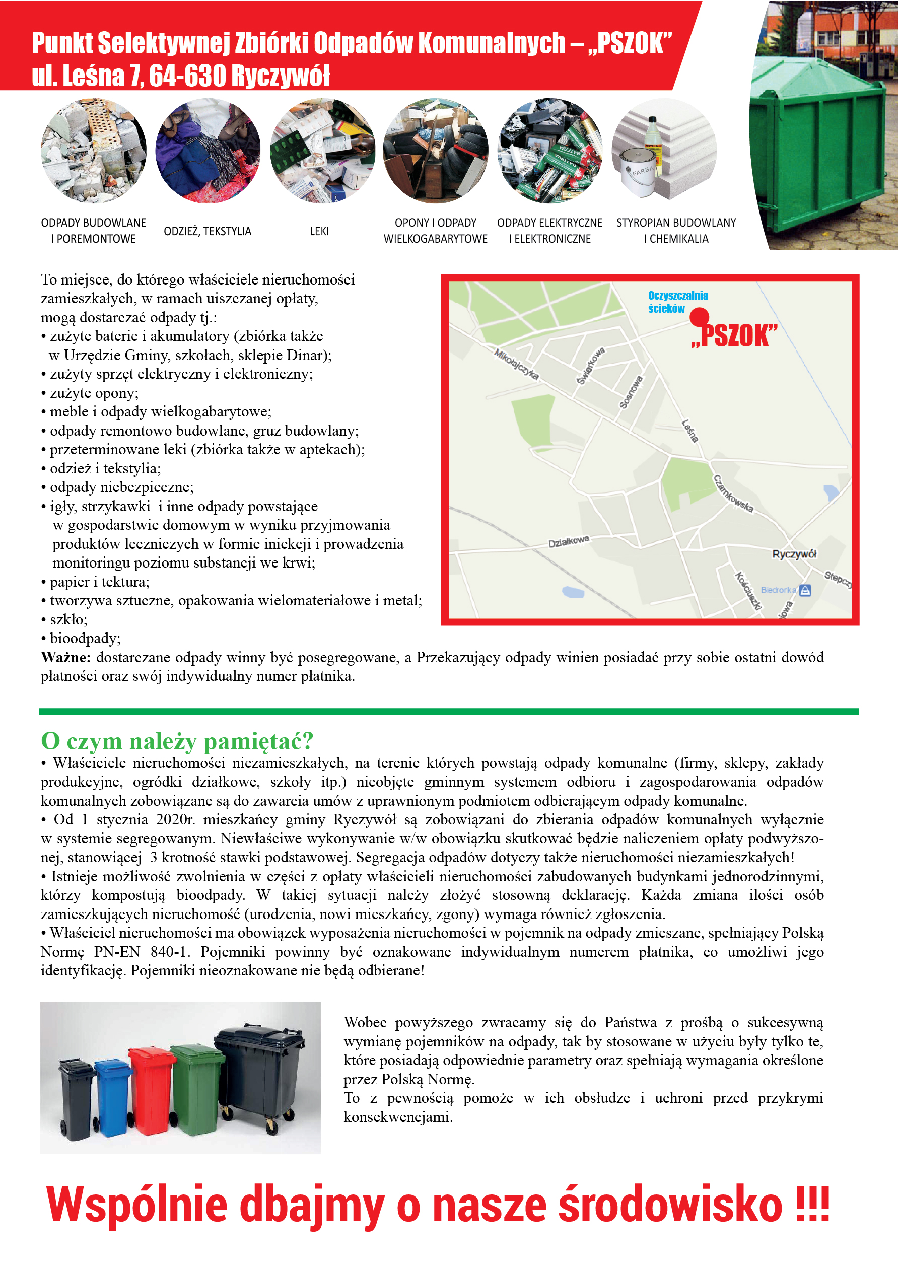 Plakat przedstawia informacje dotyczącego Punktu Selektywnej Zbiórki Odpadów Komunalnych w Ryczywole