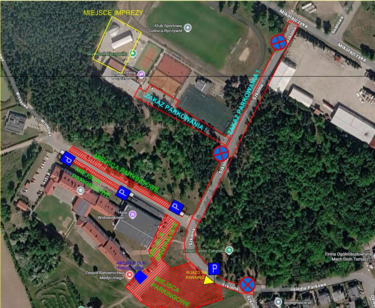 Mapa dotycząca zasad parkowania podczas ,,Festiwalu Pod Gwiazdami"