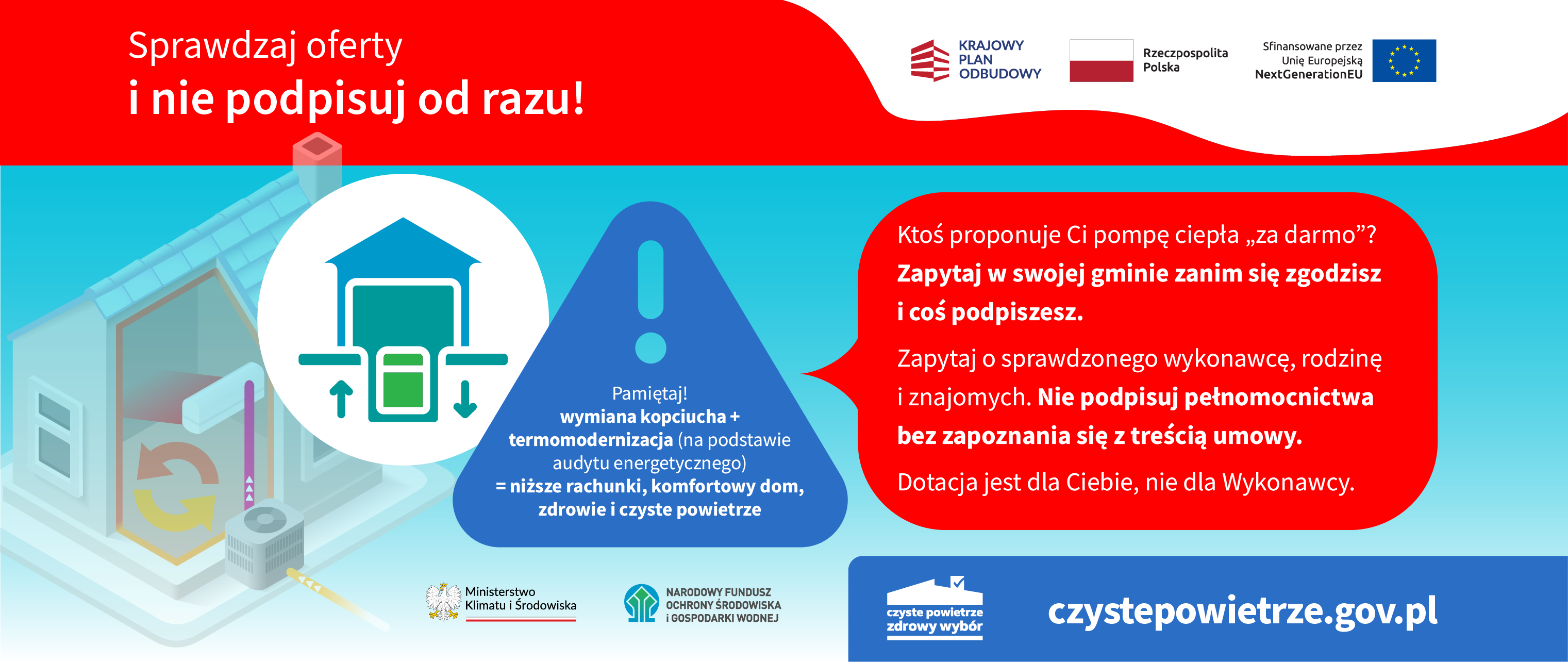 kolorowy plakat ostrzegający przed oszustami - czyste powietrze 