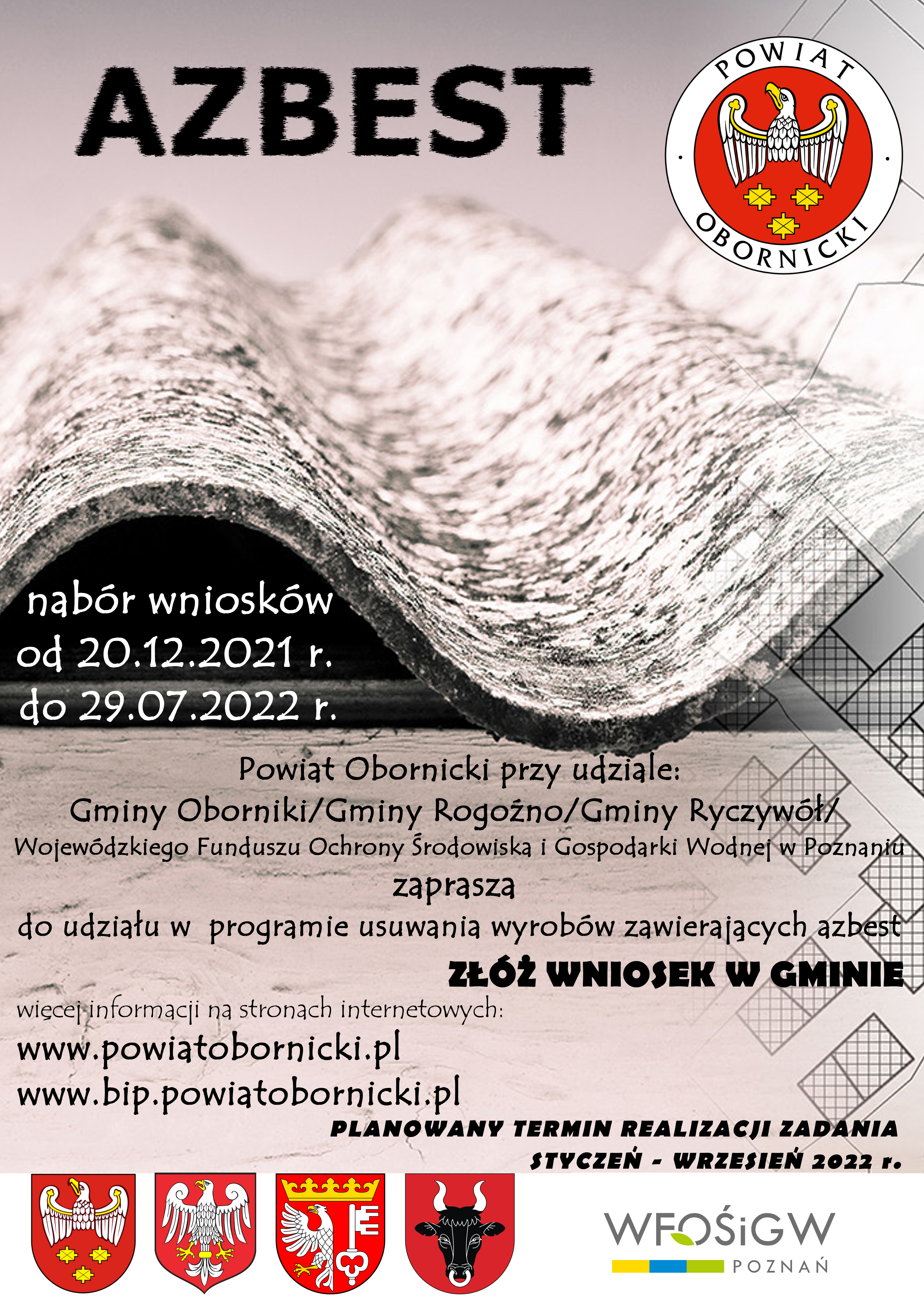 Plakat azbest nabór wniosków od 20.12.2021r do 29.07.2022 r  
