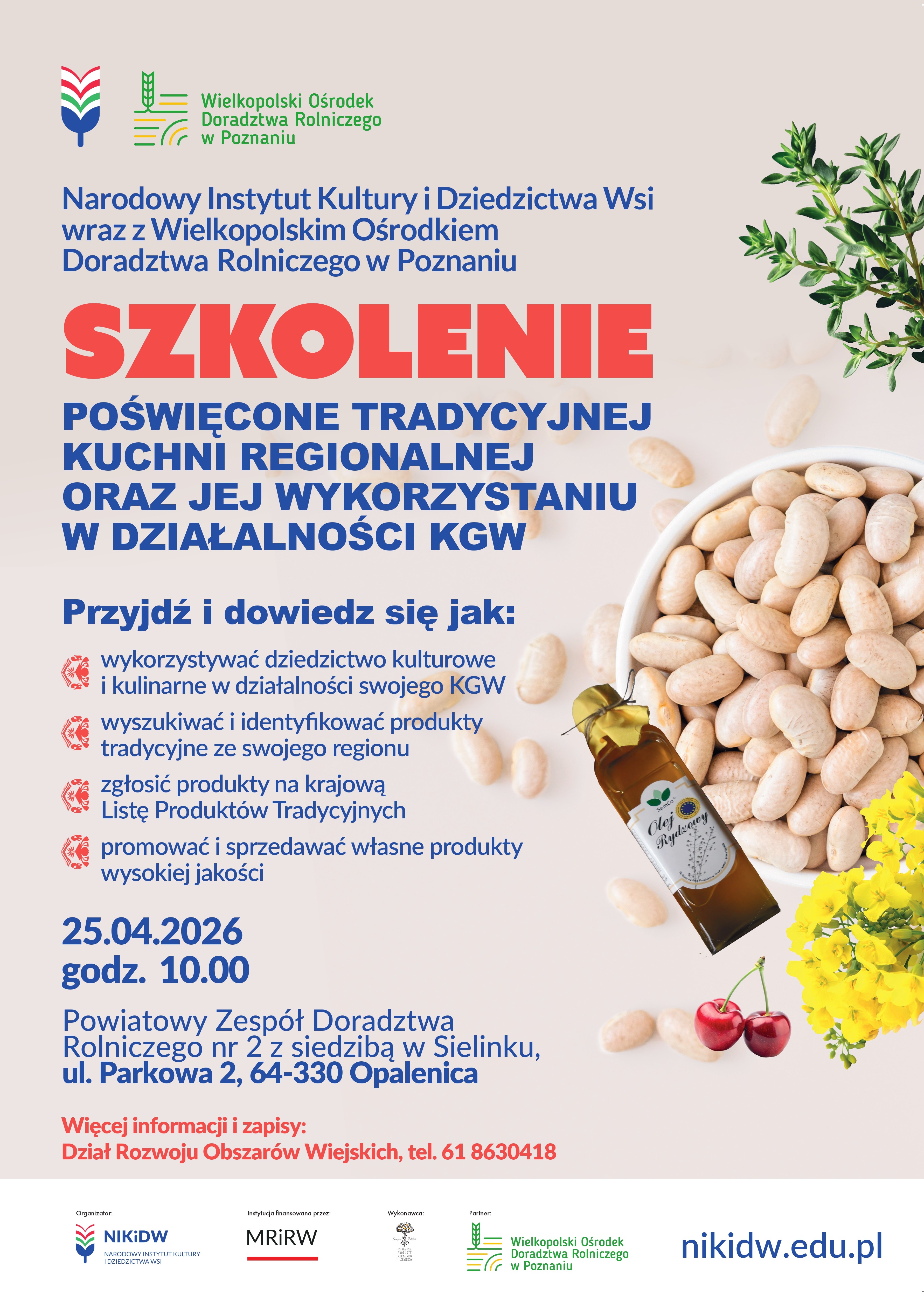 Szkolenie dla k&oacute;ł gospodyń wiejskich "Dziedzictwo kulinarne regionu w&nbsp;praktyce KGW" - 25.04.2026 r. Sielinko