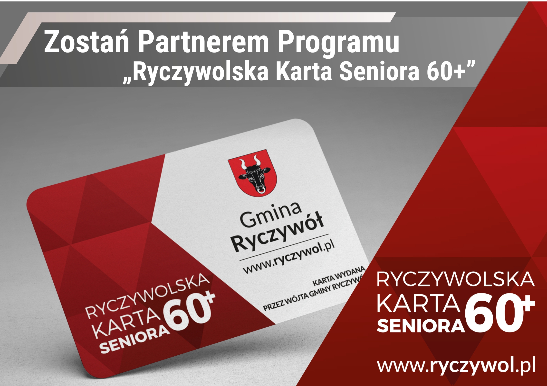 wzór Ryczywolskiej Karty Seniora 60+ zdjęcie przedstawia wzór Ryczywolskiej Karty Seniora 60+na biało bordowym tle widnieje napis Ryczywolska Karta Seniora 60+ wydawana przez Wójta Gminy Ryczywół, w prawym górnym rogu widnieje herb Gminy Ryczywół