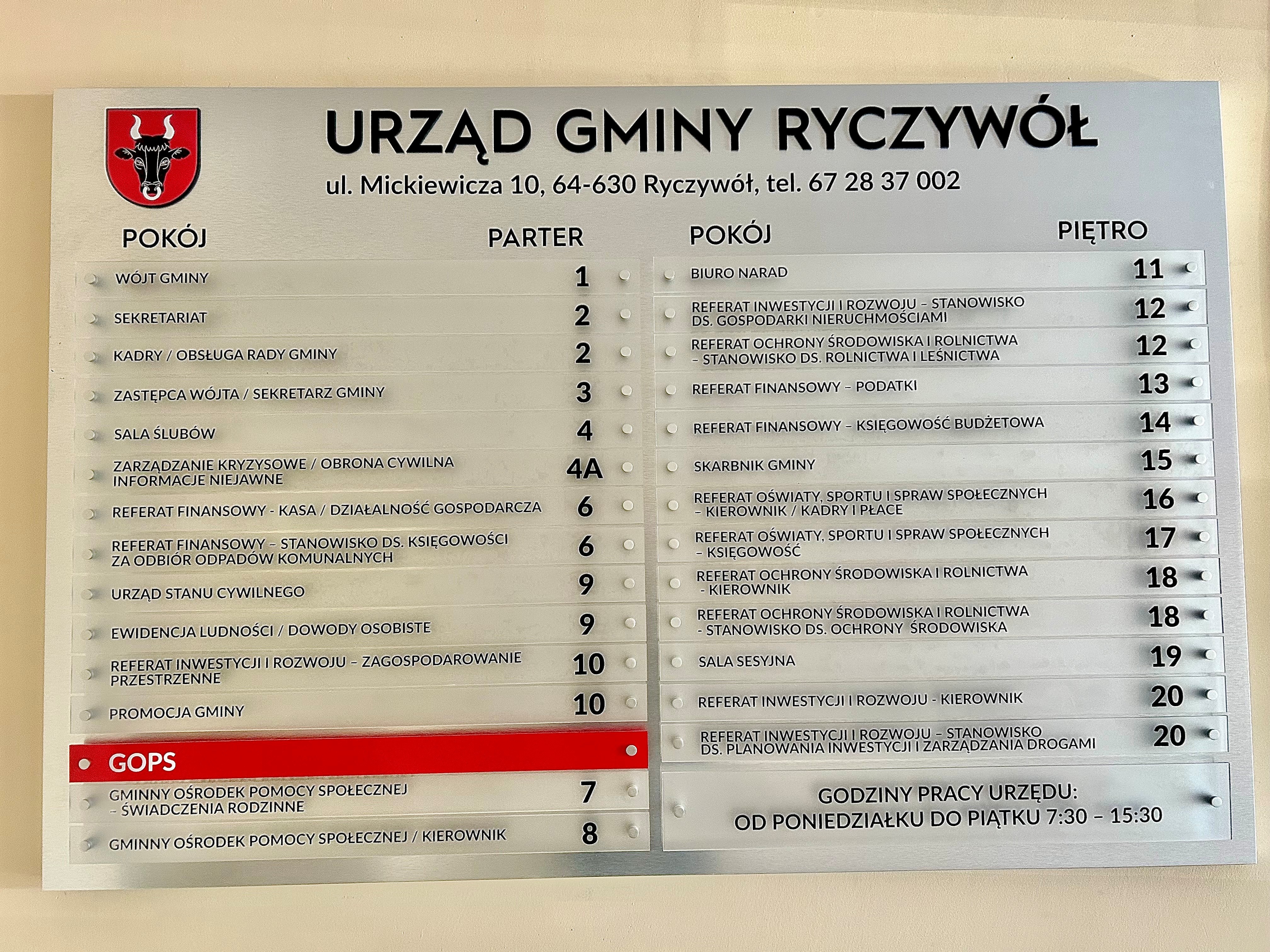 Obraz przedstawia tablicę informacyjną w&nbsp;Urzędzie Gminy Ryczyw&oacute;ł
