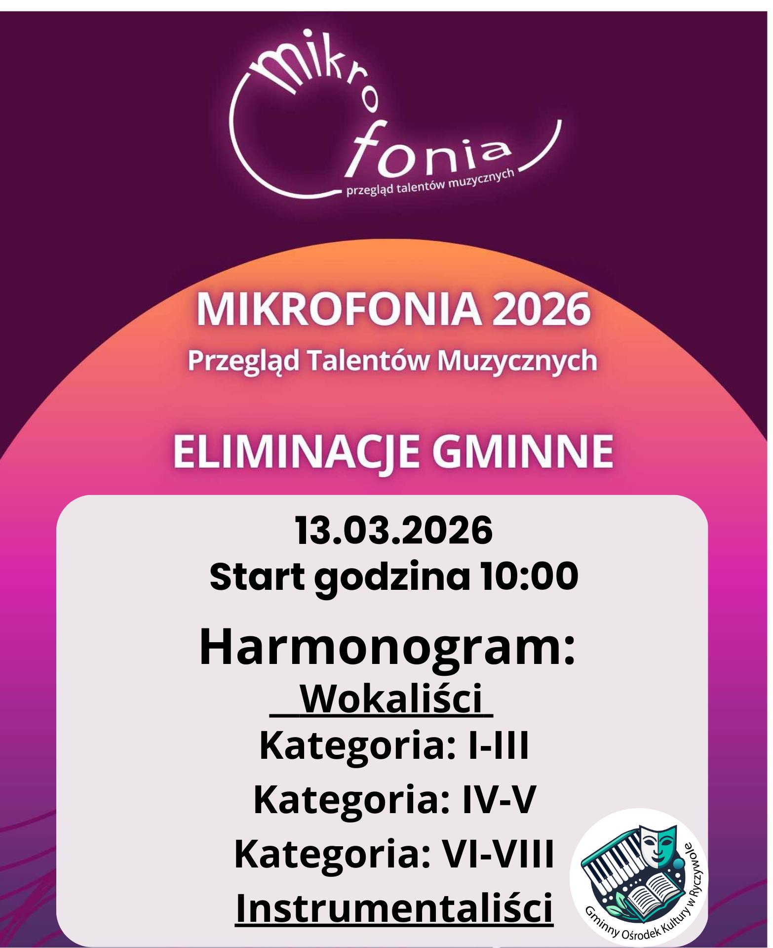 Eliminacje gminne Przeglądu Talent&oacute;w Muzycznych &bdquo;Mikrofonia 2026&rdquo; już w&nbsp;ten piątek!