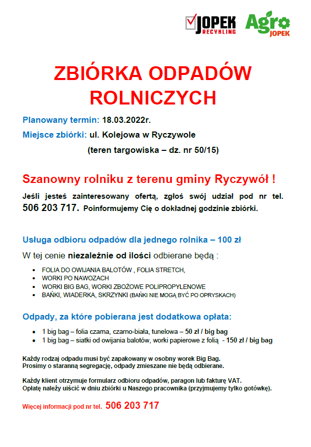 Plakat Zbiórka odpadów rolniczych od 18.03.2022 r ul Kolejowa w Ryczywole