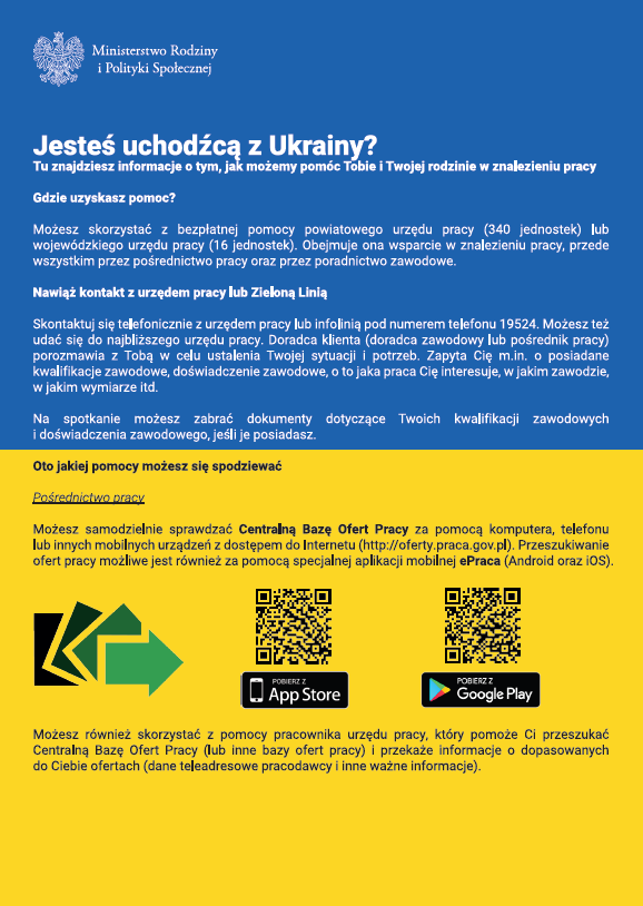 niebiesko żółty plakat zawierający informację dla uchodźców z Ukrainy 