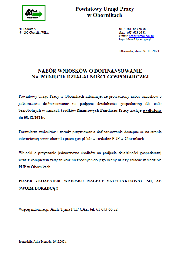 Informacja o naborze wniosków o dofinansowanie na podjęcie działalności gospodarczej dla osób bezrobotnych w ramach środków finansowych Funduszu Pracy
