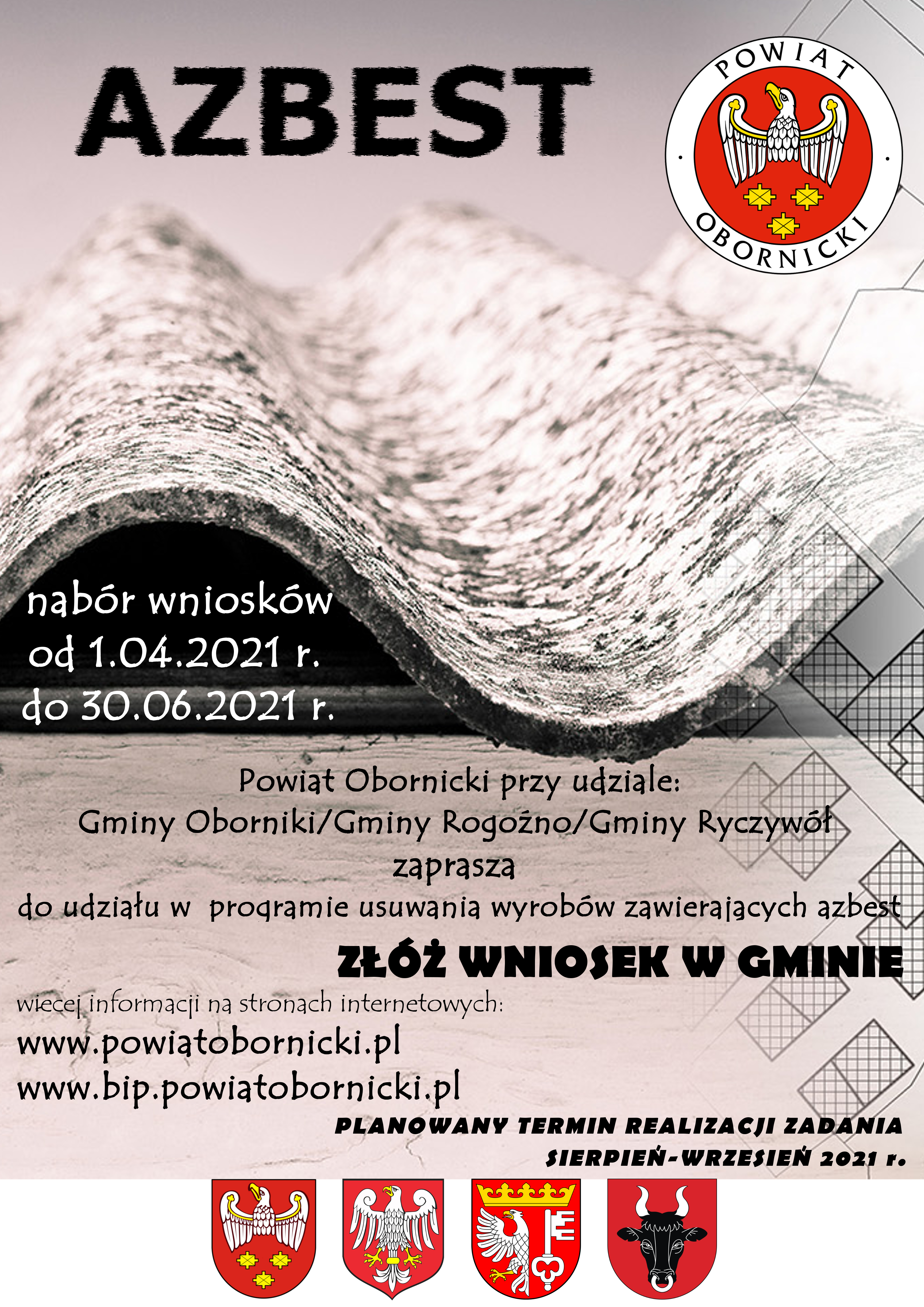 plakat zawierający informacje na temat usuwania wyrobów azbestowych w powiecie obornickim  