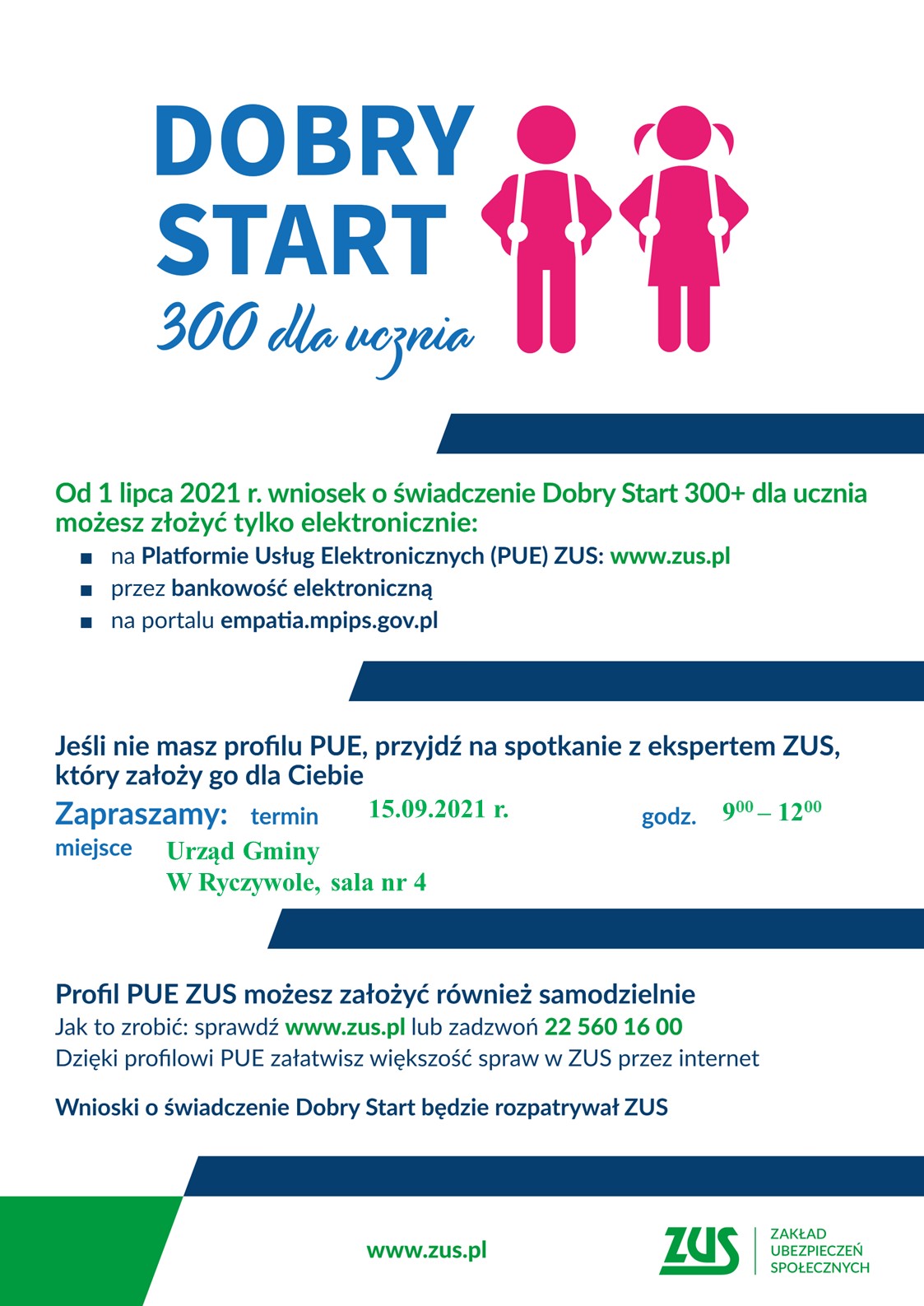 Dobry Start 300 dla ucznia zapraszajacy na spotkanie-z-ekspertem ZUS ktore odbedzie sie 15 rzesnia 2021
