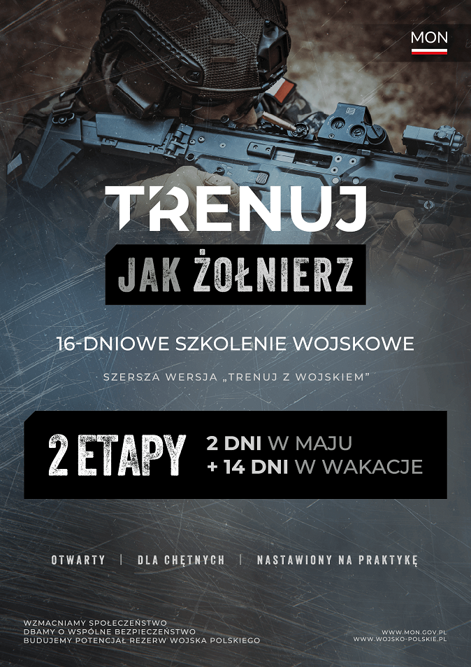 Plakat informujący o&nbsp;możliwości odbycia 16 dniowego szkolenia wojkowego. 