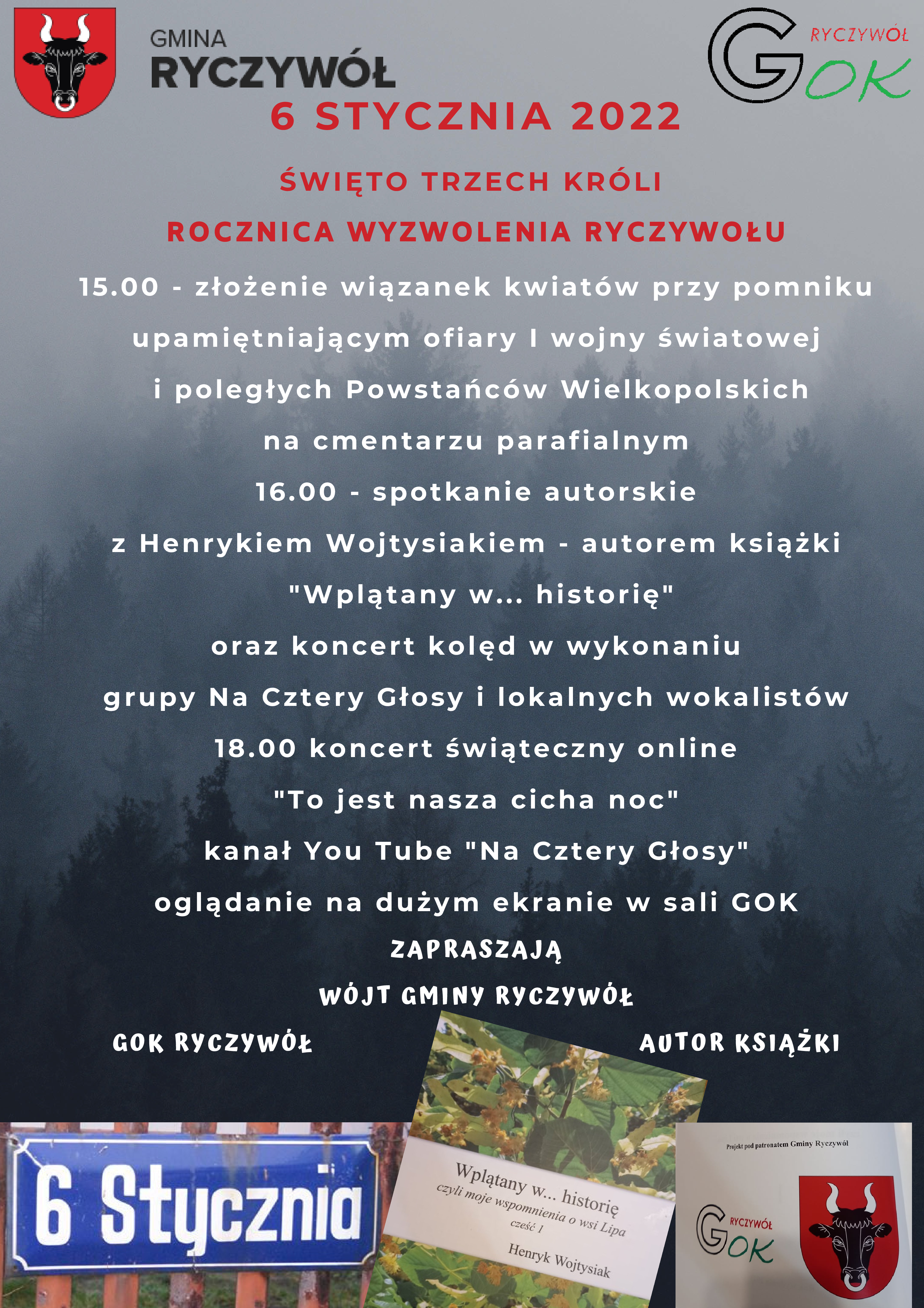 Plakat  6 stycznia 2022 Święto Trzech Króli Rocznica Wyzwolenia Ryczywołu program uroczystości 