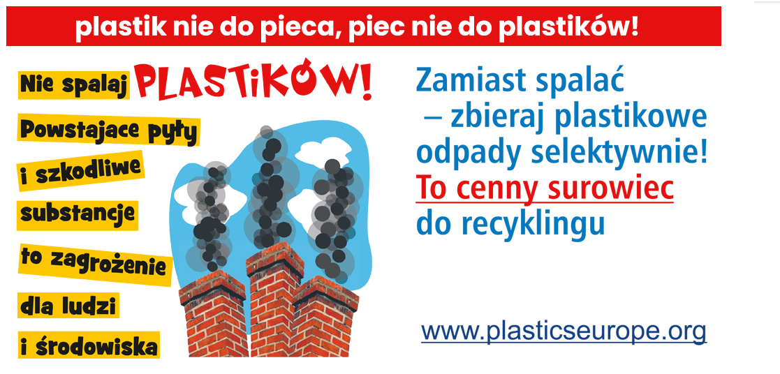 Plakat plastik nie do pieca, piec nie do plastików. po lewej stronie znajsuja sie czarne napisy na żółtym tle, na środku komin i wydobywający się z niego dym 
