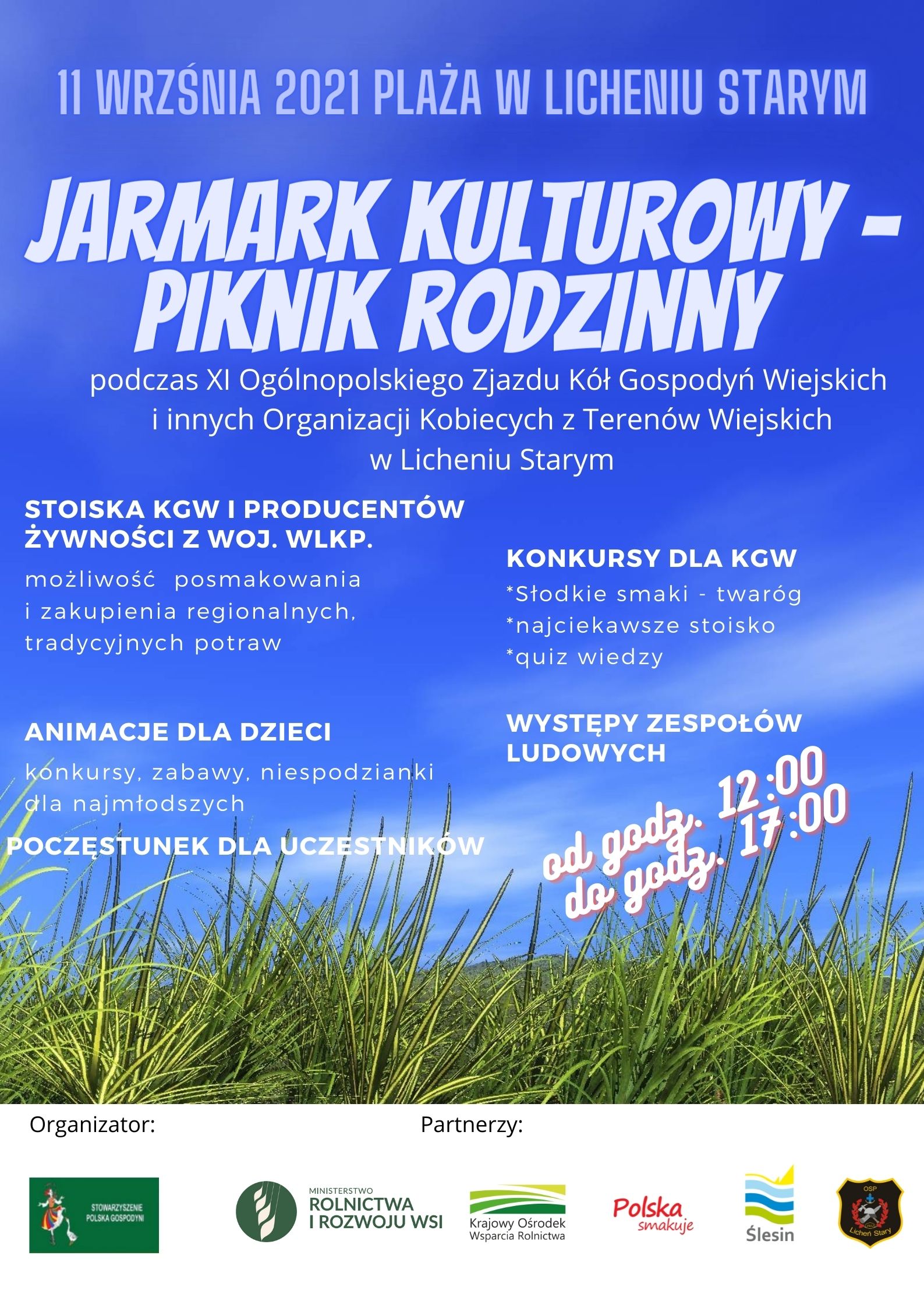 Niebieski plakat z białymi napisami, zapraszający na Jarmark Kulturowy Piknik Rodzinny, który odbedzie się 11 września 2021 na plazy w Licheniu Starym