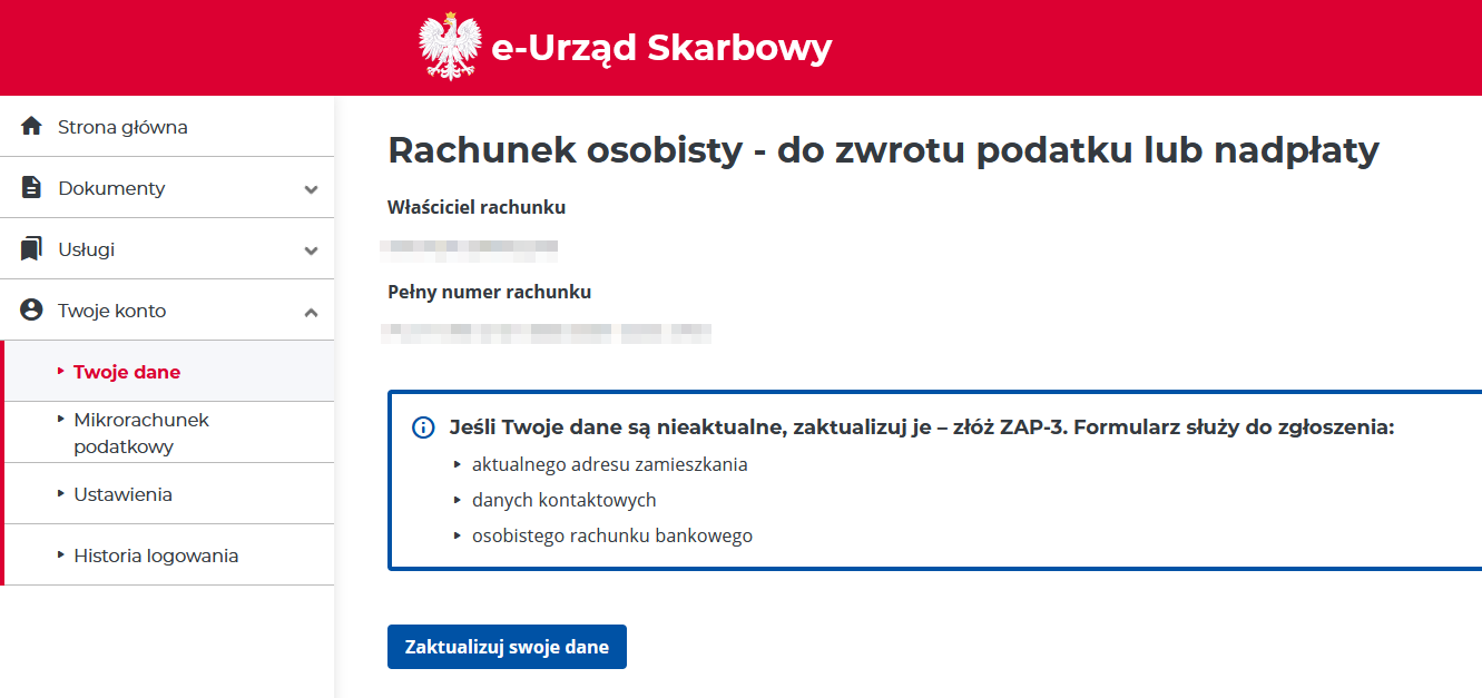 Rachunek osobisty- do zwrotu podatku lub nadpłaty