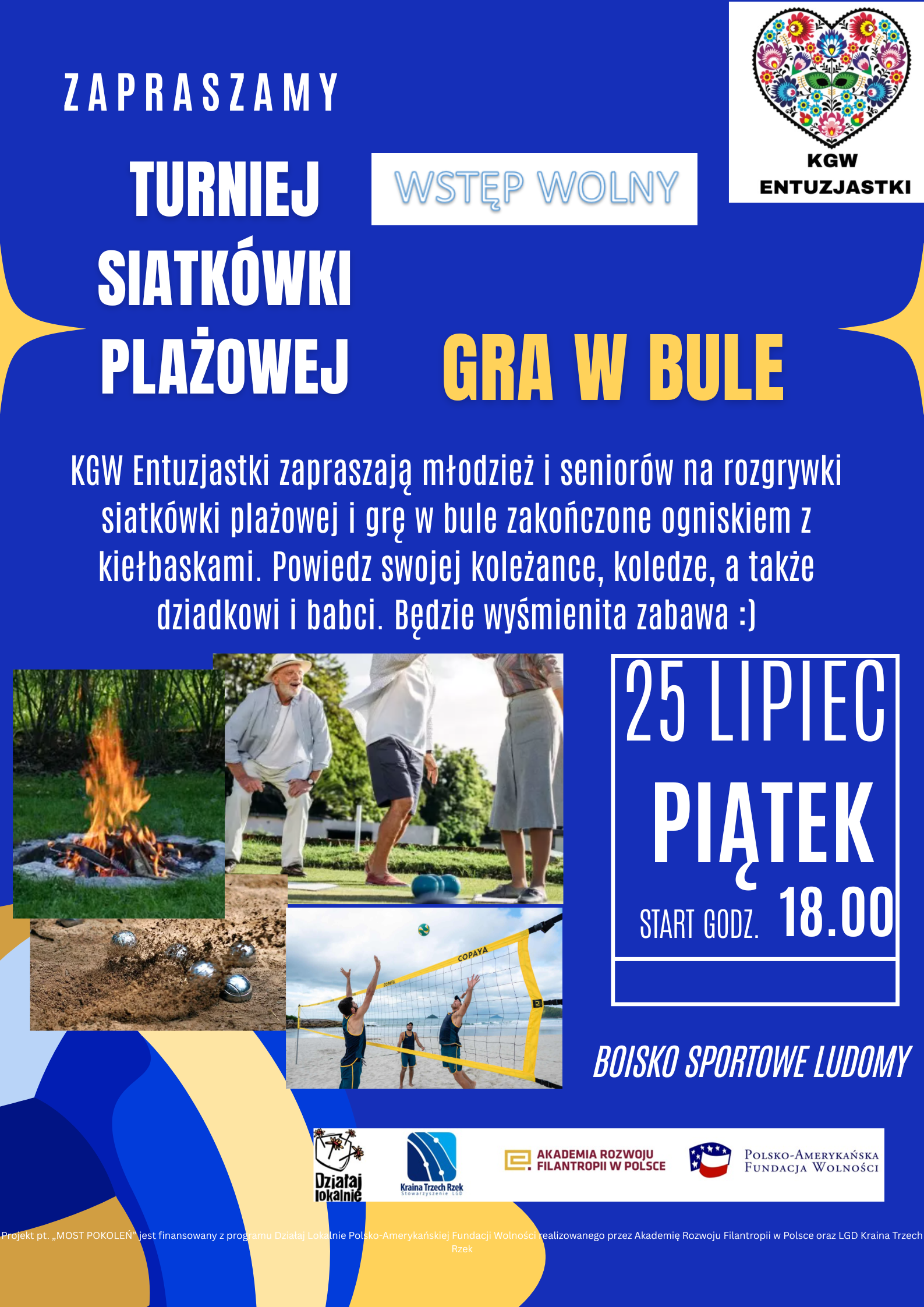 Na niebieskim tle białe napisy informujące o&nbsp;turnieju siatk&oacute;wki plażowej organizowanym 25 lipca na&nbsp;boisku sportowym w&nbsp;Ludomach 