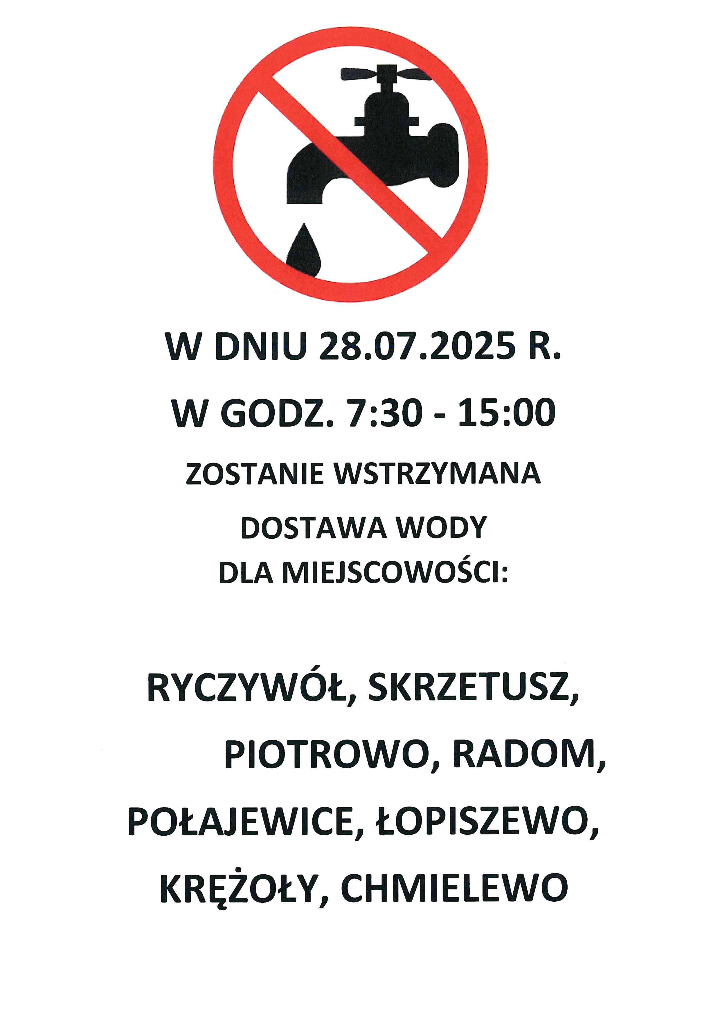 Na jasnym tle informacja o&nbsp;przerwie w&nbsp;dostawie wody 