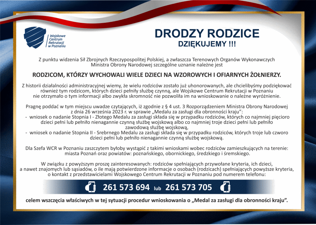 Plakat - Medal za zasługi dla obronności kraju &ndash; podziękowanie dla rodzic&oacute;w żołnierzy