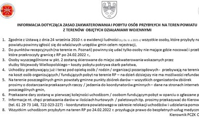 Zdjęcie do INFORMACJE DOTYCZĄCE ZASAD ZAKWATEROWANIA I POBYTU OS&Oacute;B PRZYBYŁYCH NA TERENIE POWIATU Z TEREN&Oacute;W OBJĘTYCH DZIAŁANIAMI WOJENNYMI 