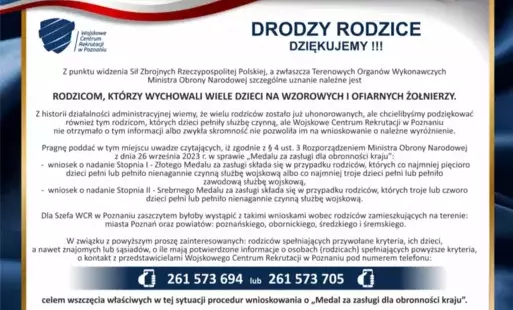 Zdjęcie do Wojskowe Centrum Rekrutacji w Poznaniu szuka kandydat&oacute;w do odznaczenia medalem "Za zasługi dla obronności kraju"