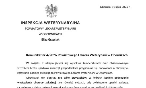 Zdjęcie do Komunikat nr 4/2026 Powiatowego Lekarza Weterynarii w Obornikach 